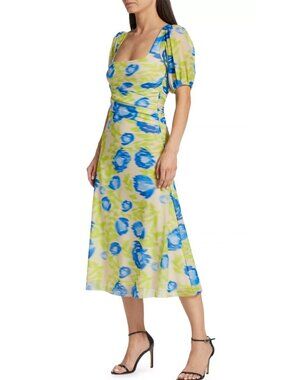 GANNI Lime Blue Abstract Floral Mesh Midi Dress Size XS